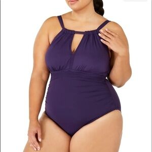 LAUREN RALPH LAUREN Women's Purple Straps Cutout One Piece Swimsuit